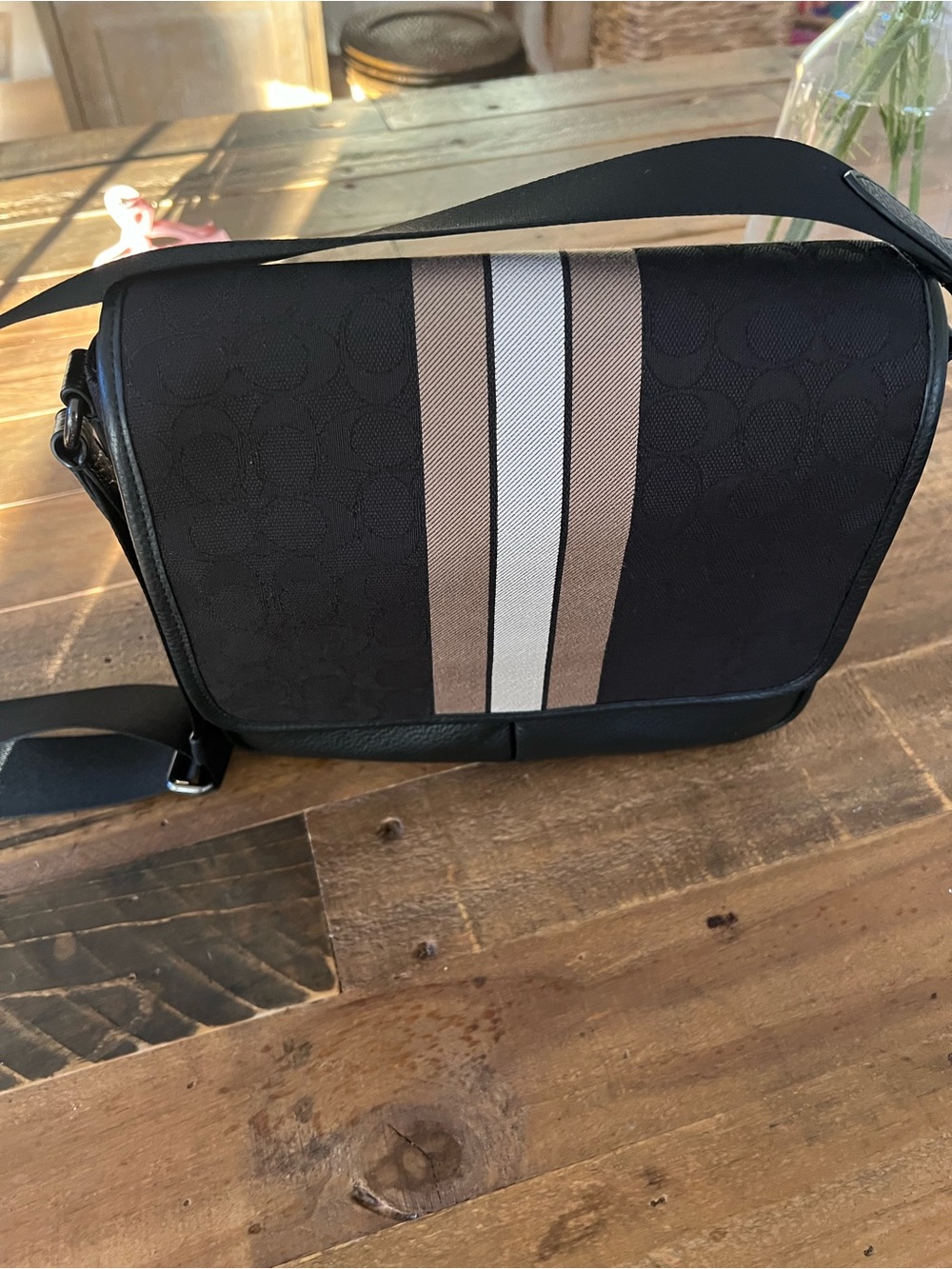 Coach Black Messenger Bag with Tan and Cream Stripes